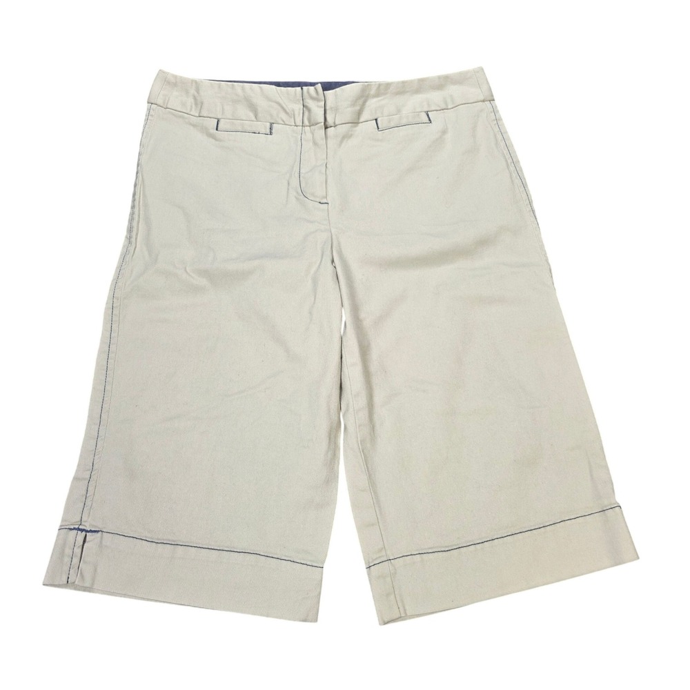 Larry Levine Wide Leg Crop Pants Women's Size 6 Beige Khaki Navy Contrast Stitch